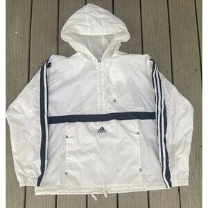 Adidas White Windbreaker XL Hooded 3-Stripes Half Zip Mesh Lined Retro Sport Y2K